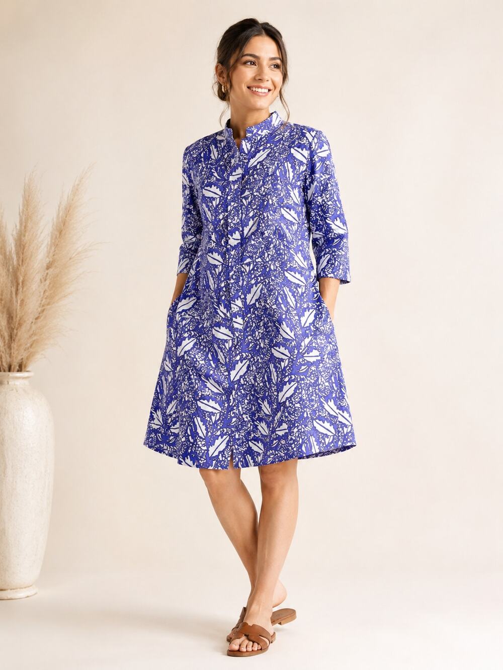Zuri Kenya SZ XS 100% Cotton A-Line Button Front Shirt Dress Purple & White NWOT